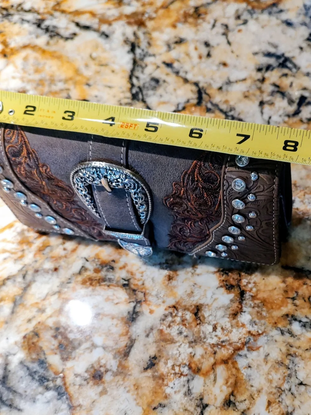 Montana West Brown Embossed Western Wallet with Silver Buckle and Rhinestones